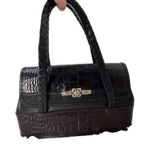 Brighton Black and Dark Brown Croc-Embossed Shoulder Bag